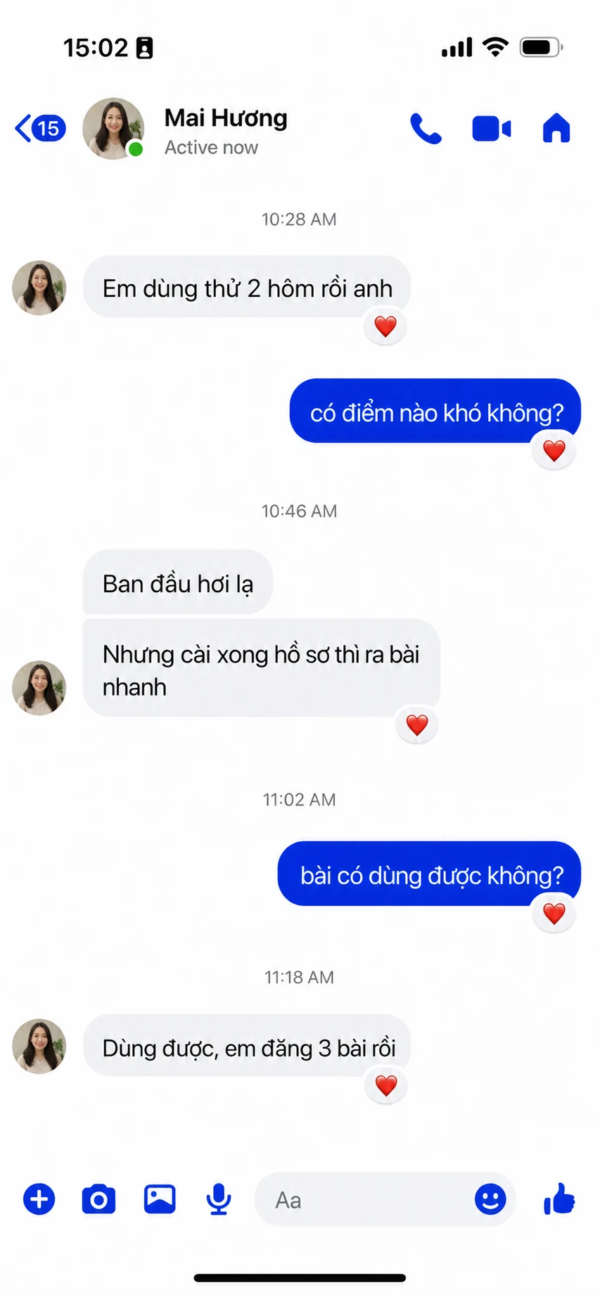 Tin nhắn Messenger từ Mai Hương phản hồi về iconOS&nbsp;Lite