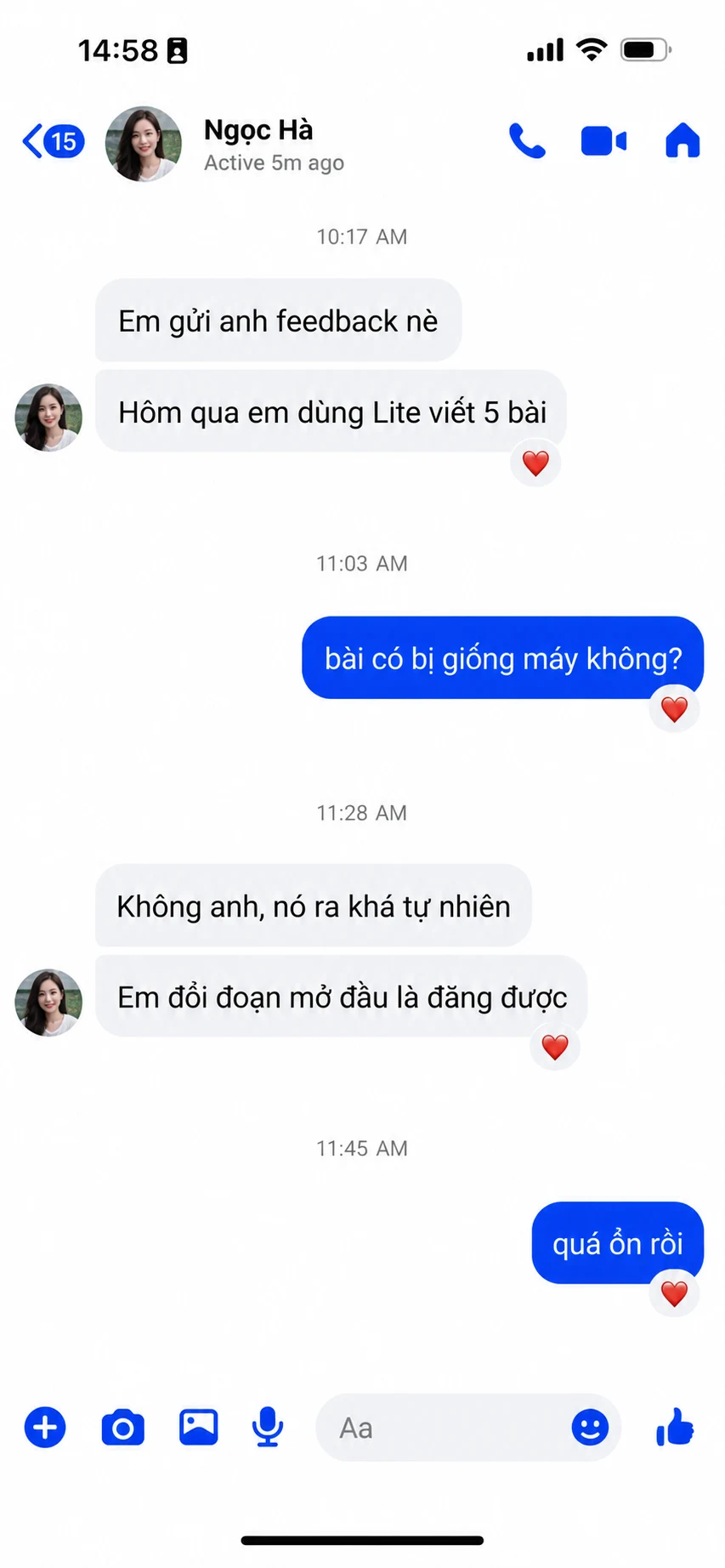 Tin nhắn Messenger từ Ngọc Hà phản hồi về iconOS&nbsp;Lite