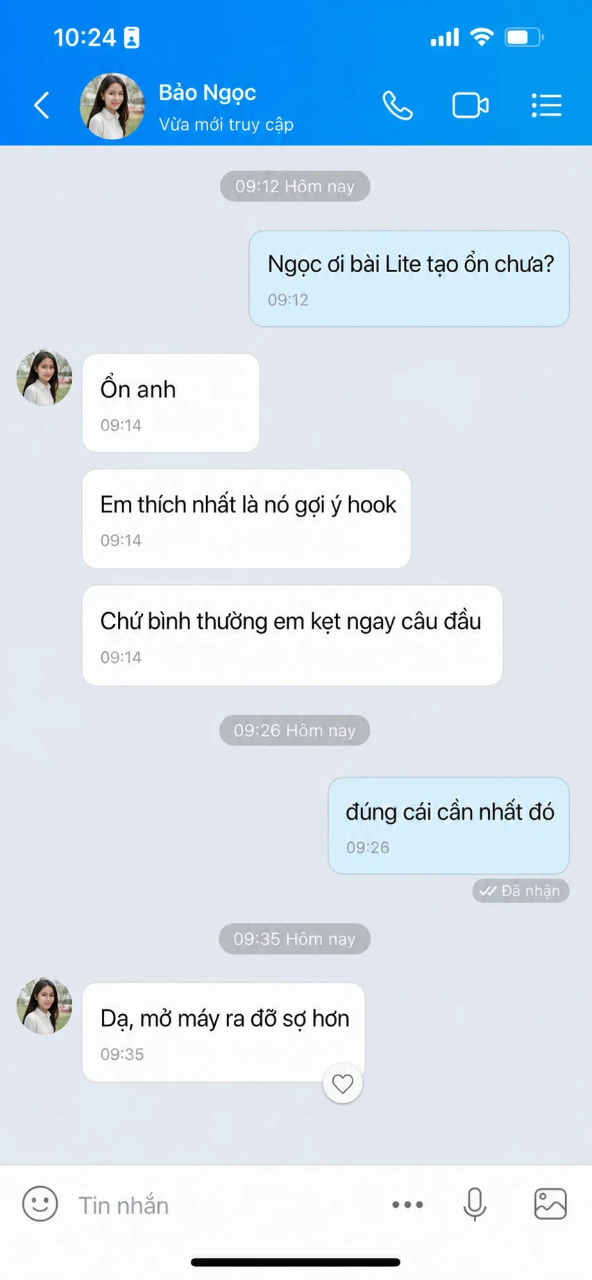 Tin nhắn Zalo từ Bảo Ngọc phản hồi về iconOS&nbsp;Lite