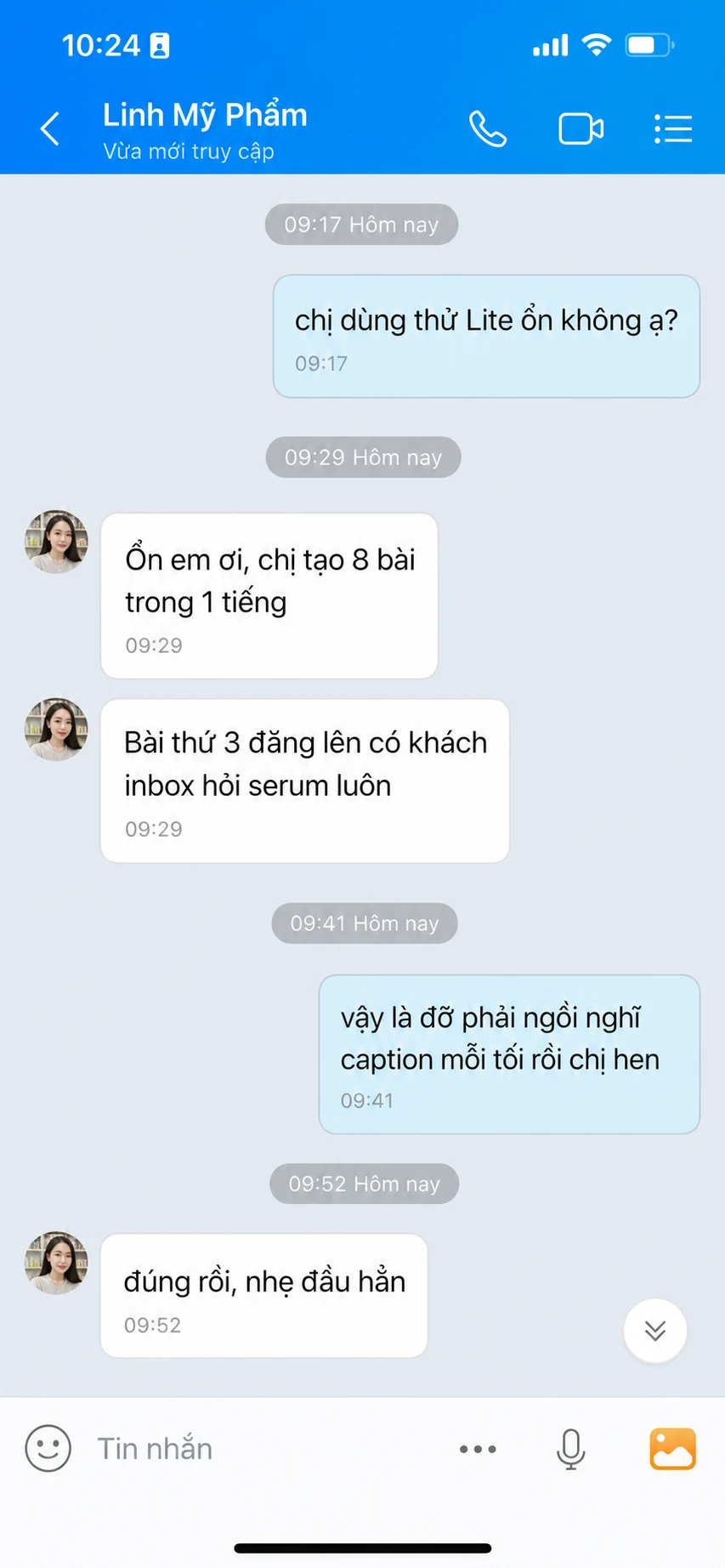 Tin nhắn Zalo từ Linh phản hồi về iconOS&nbsp;Lite