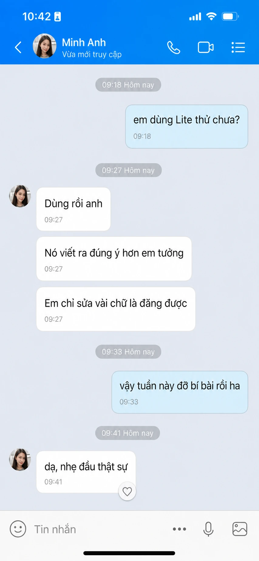 Tin nhắn Zalo từ Minh Anh phản hồi về iconOS&nbsp;Lite