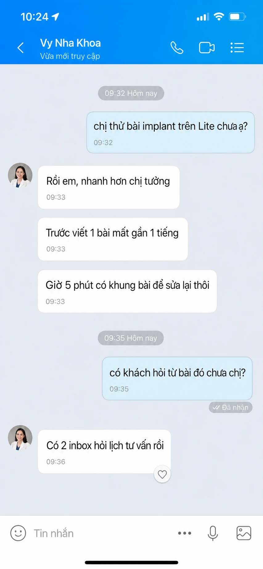 Tin nhắn Zalo từ Vy phản hồi về iconOS&nbsp;Lite